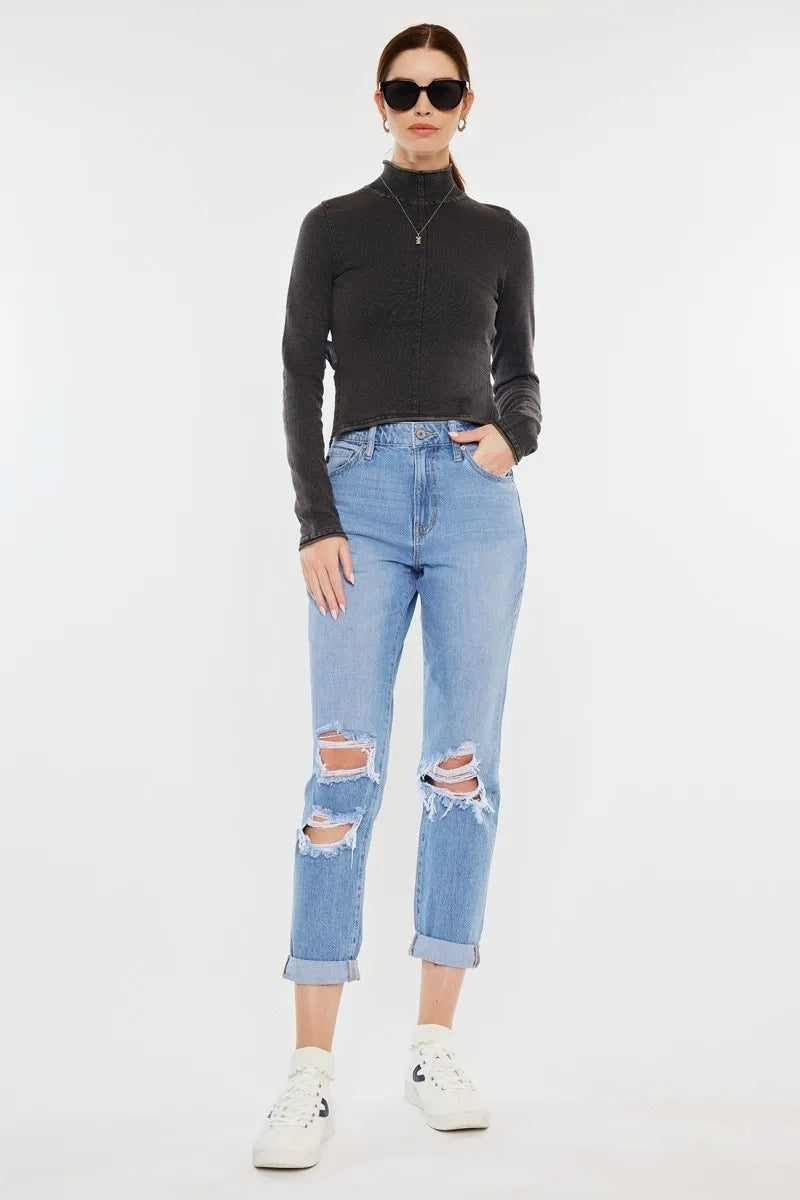 Women's High Rise Distressed Mom Jeans