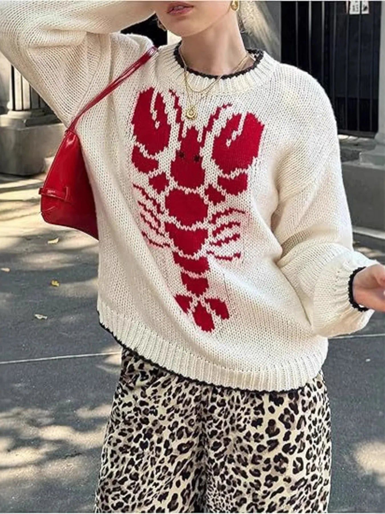 Red Lobster Print Oversized Sweater