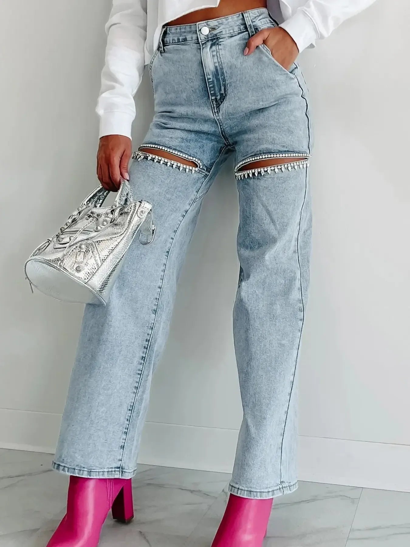 Women's High Waist Cut-Out Wide Leg Jeans