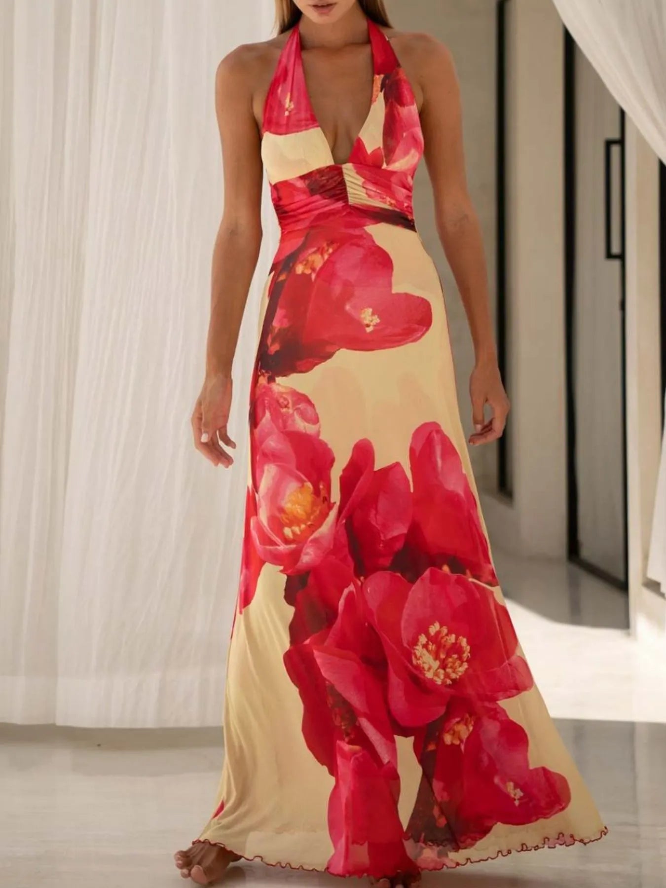 Floral Halter Neck Deep V Backless Dress