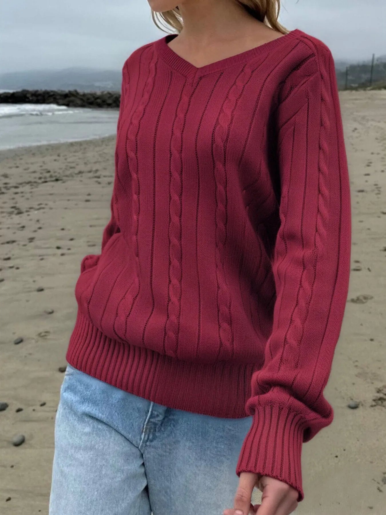 Classic Cable Knit V-Neck Pullover Sweater