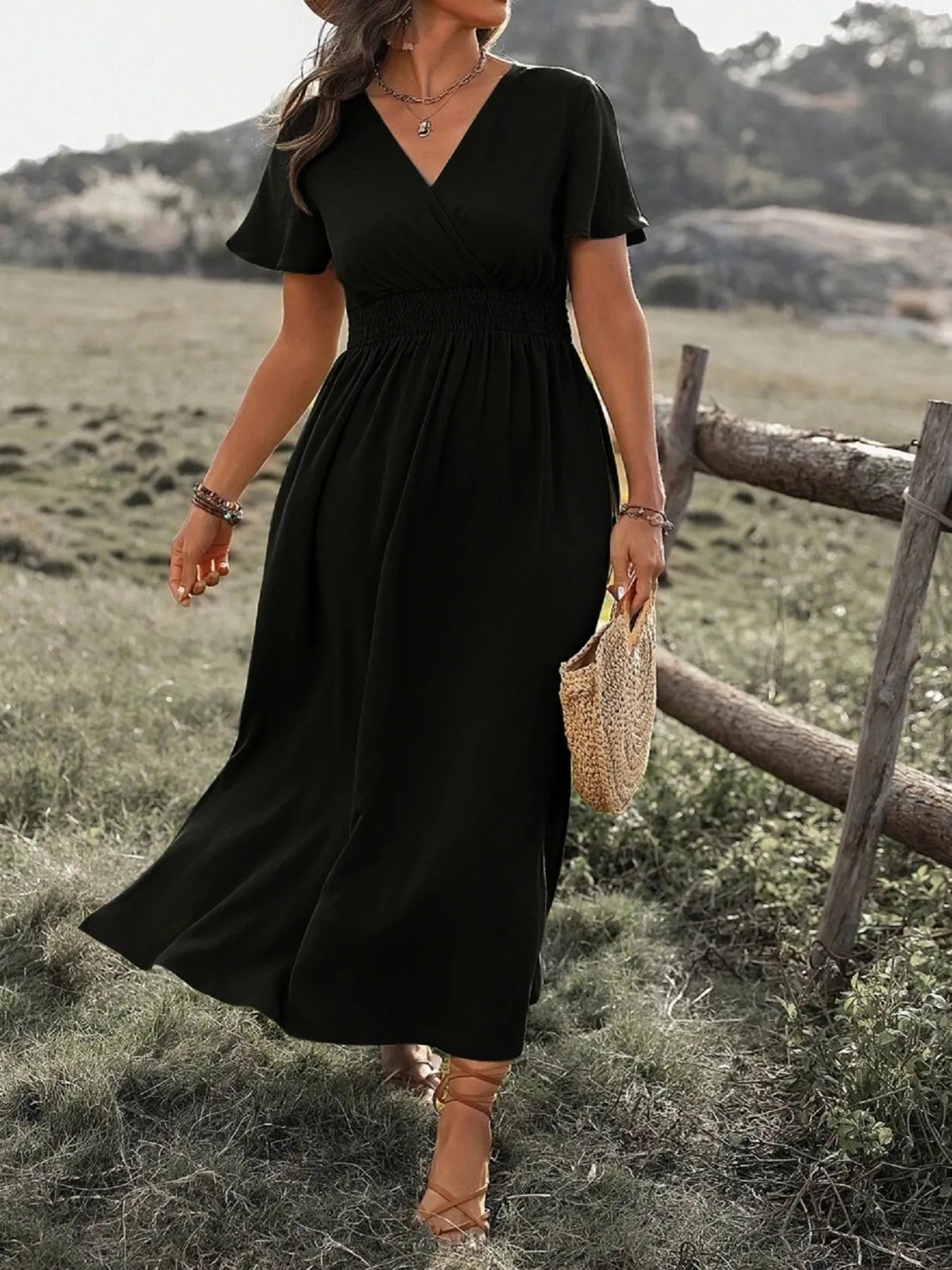 Surplice Short Sleeve Maxi Dress