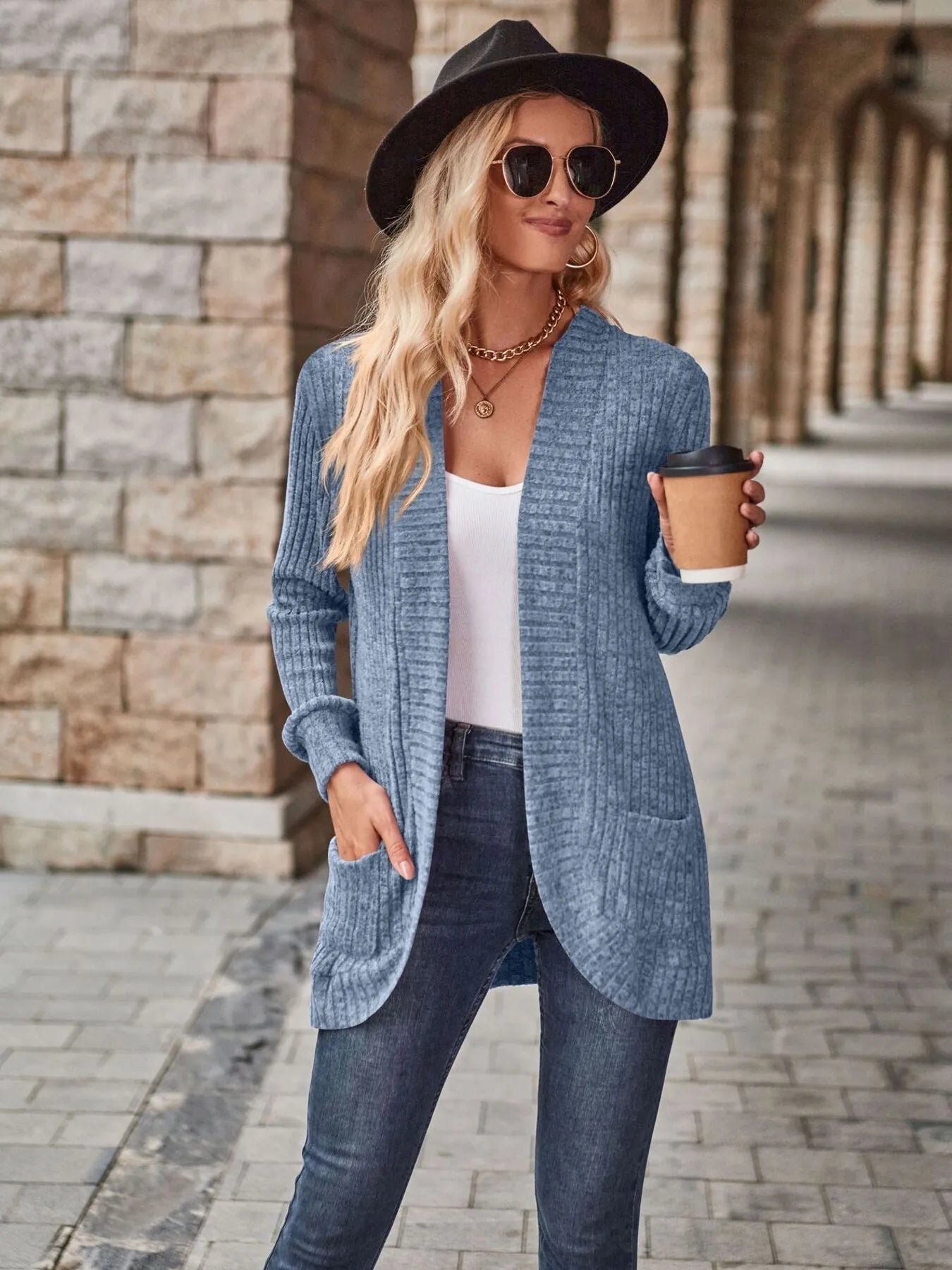 Ribbed Open Front Long Cardigan with Pockets