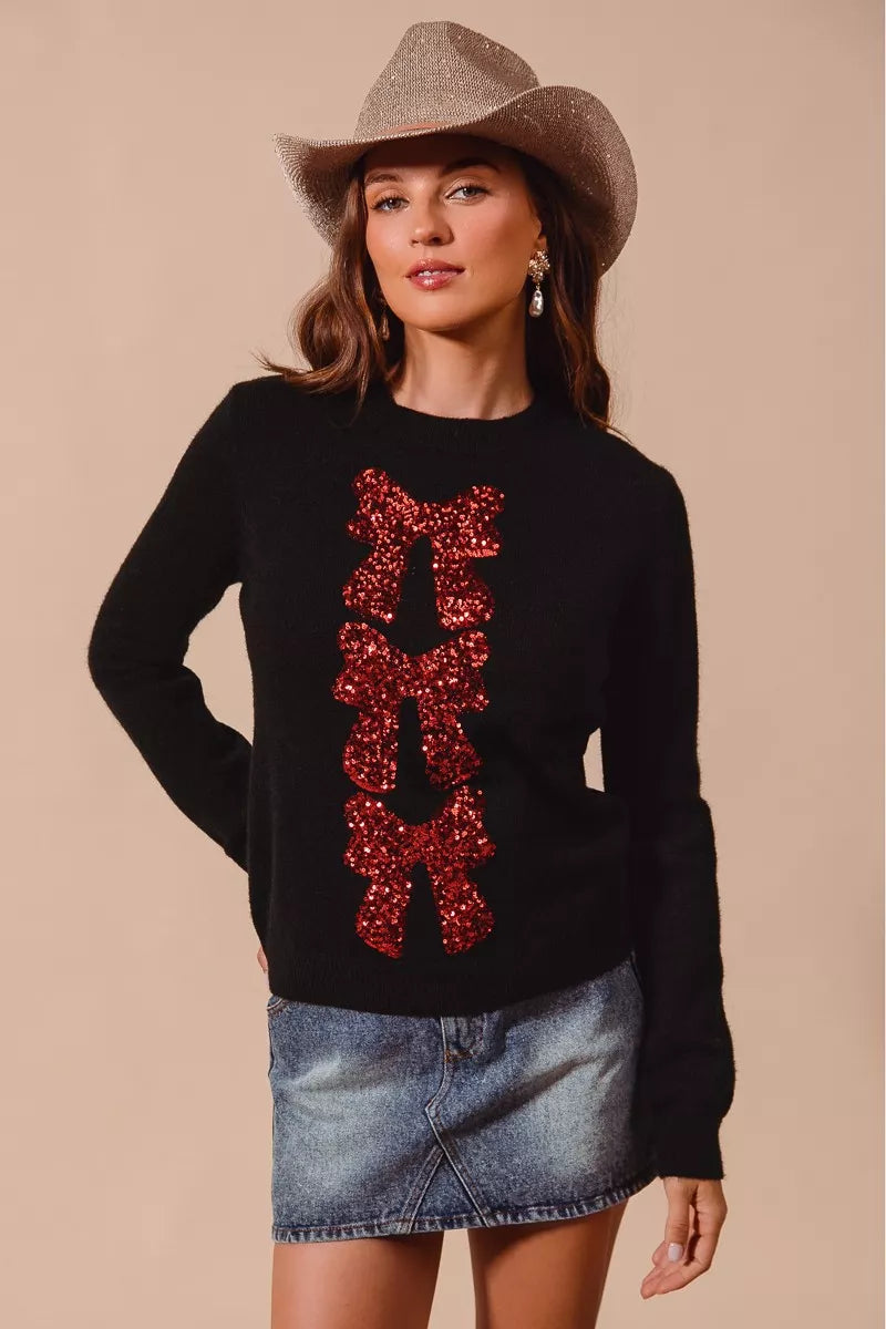 Sequined Bow Embellished Sweater - Black and Red