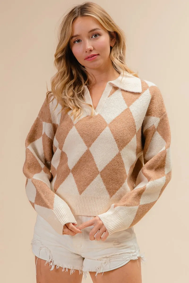 Argyle Collared Notch Neck Sweater