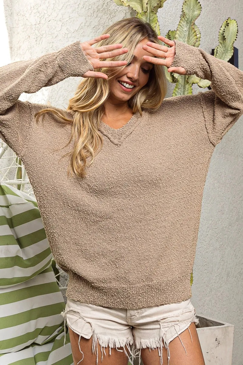 Raw Edged Texture V-neck Sweater