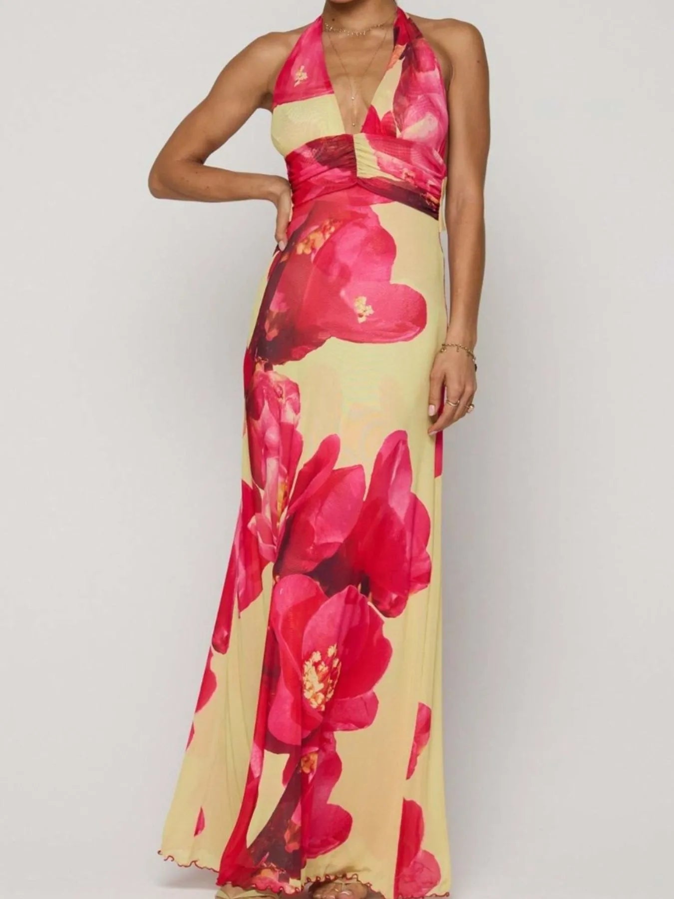 Floral Halter Neck Deep V Backless Dress