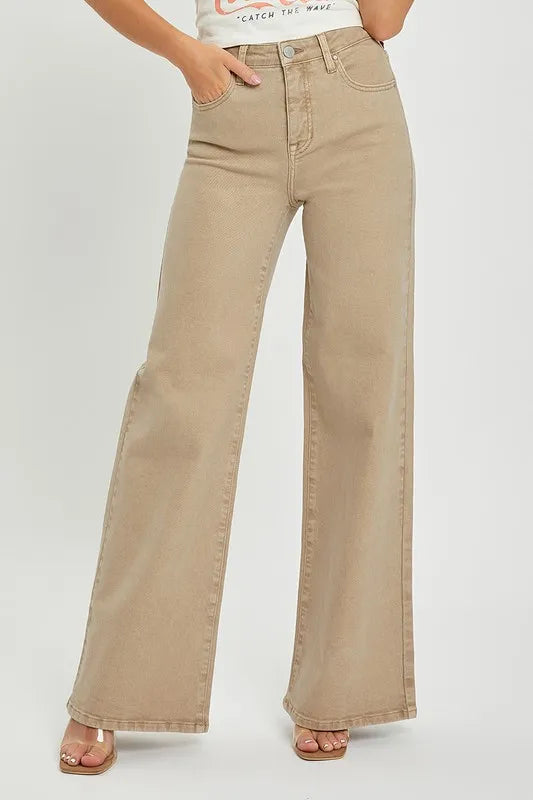 Khaki Wide Leg Jeans with Tummy Control