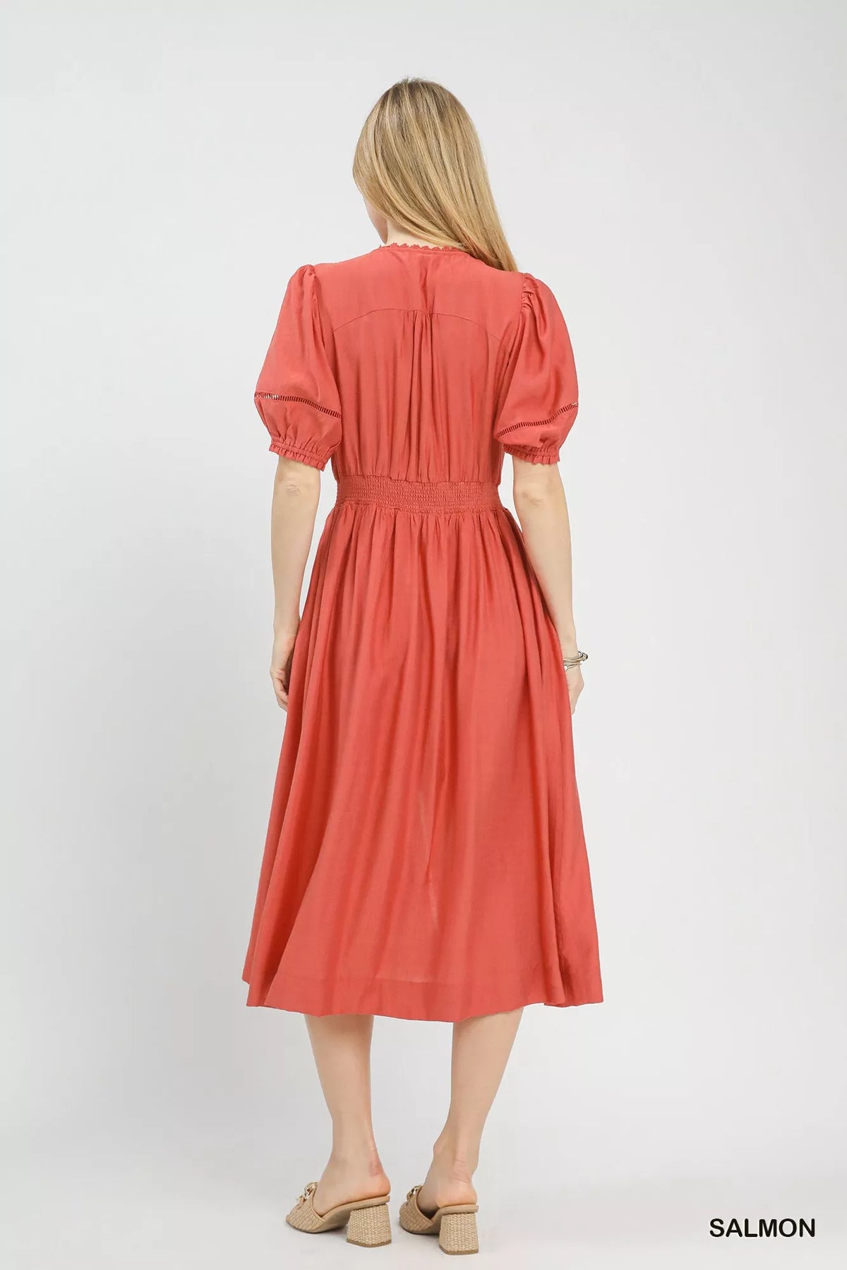 Zip-Front Smocked Waist Midi Dress - Detail View 4