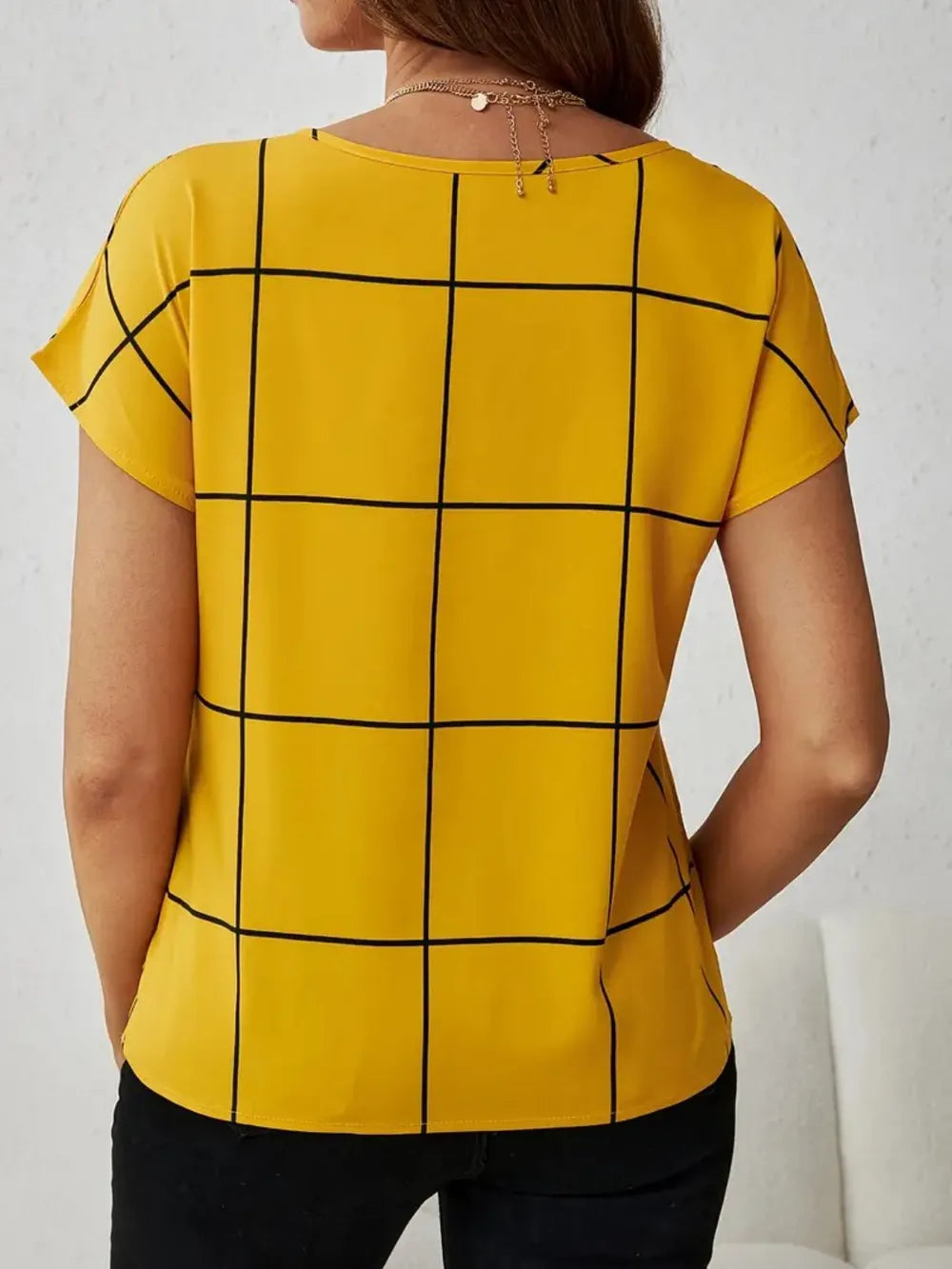 Modern Grid Notched Blouse