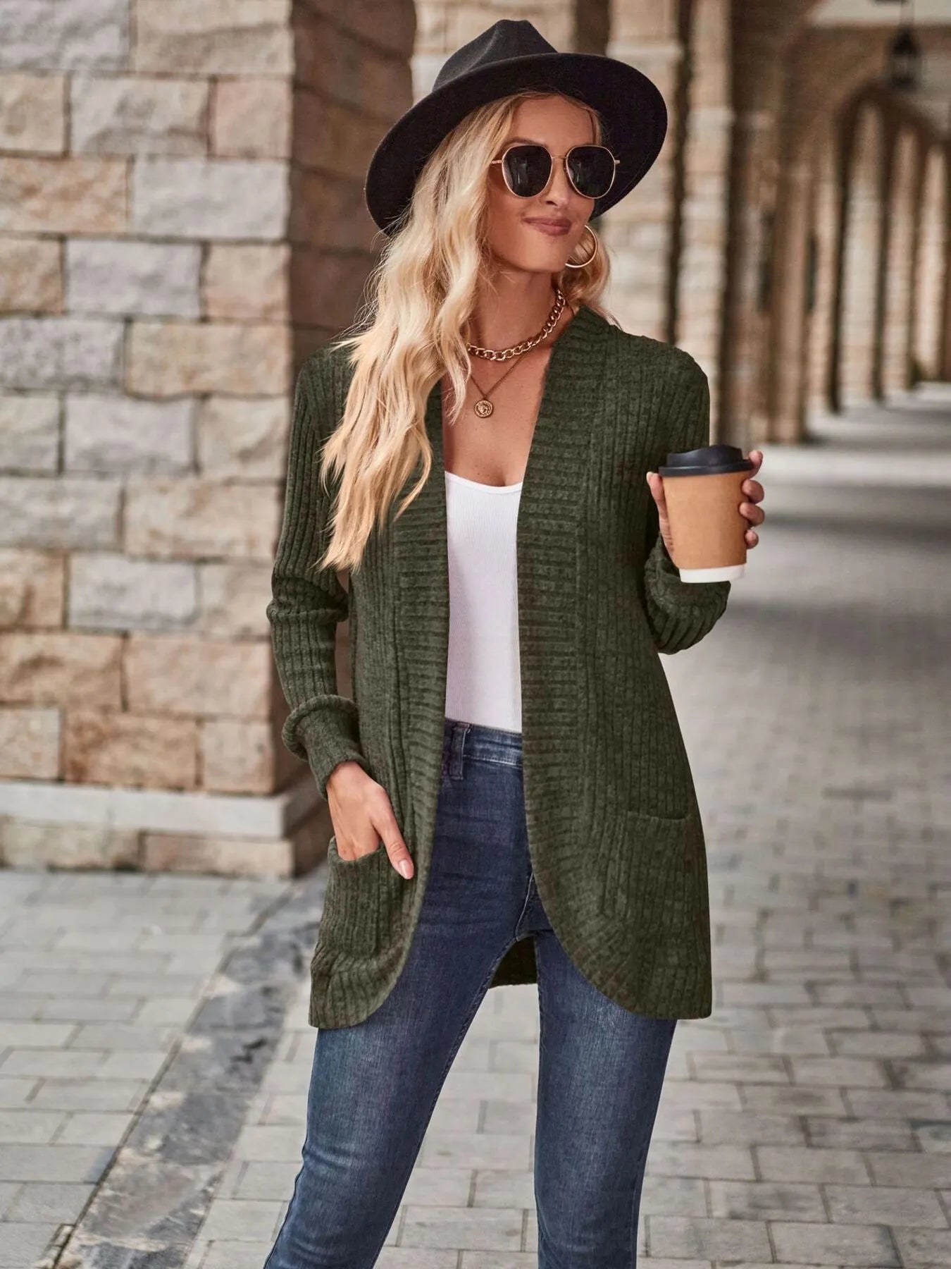 Ribbed Open Front Long Cardigan with Pockets