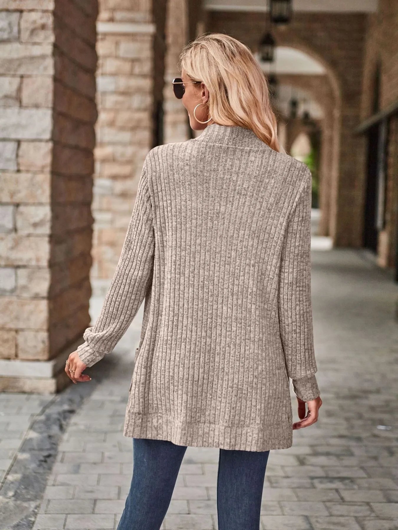 Ribbed Open Front Long Cardigan with Pockets
