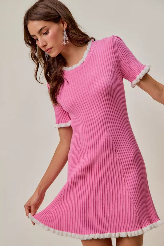 SO ME Contrast Ruffled Sweater Knit Mini Dress - Back View