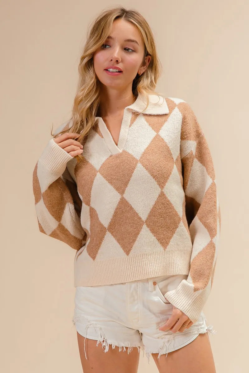 Argyle Collared Notch Neck Sweater