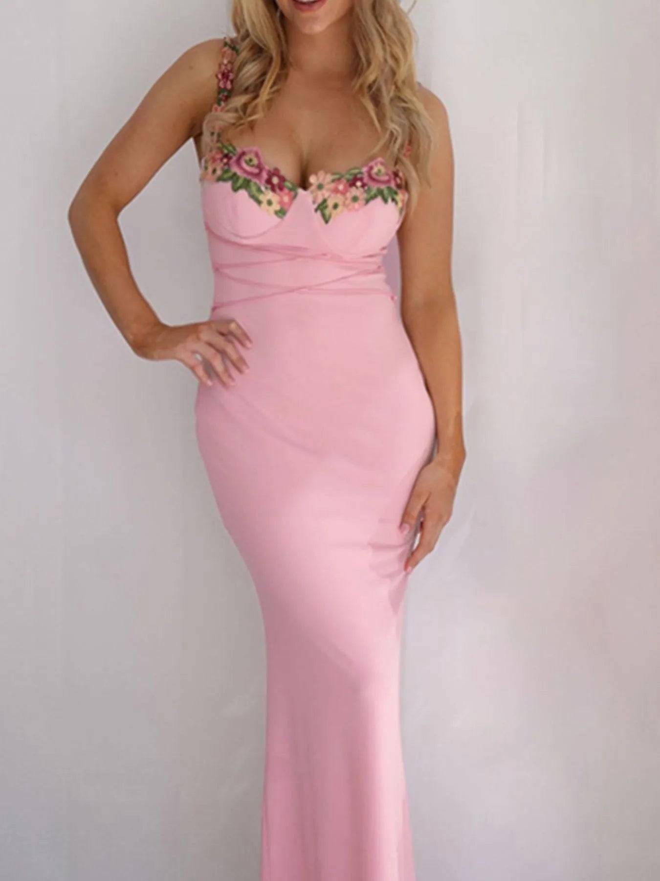 Pink Floral Trim Maxi Dress
