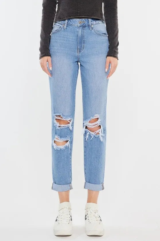 Women's High Rise Distressed Mom Jeans