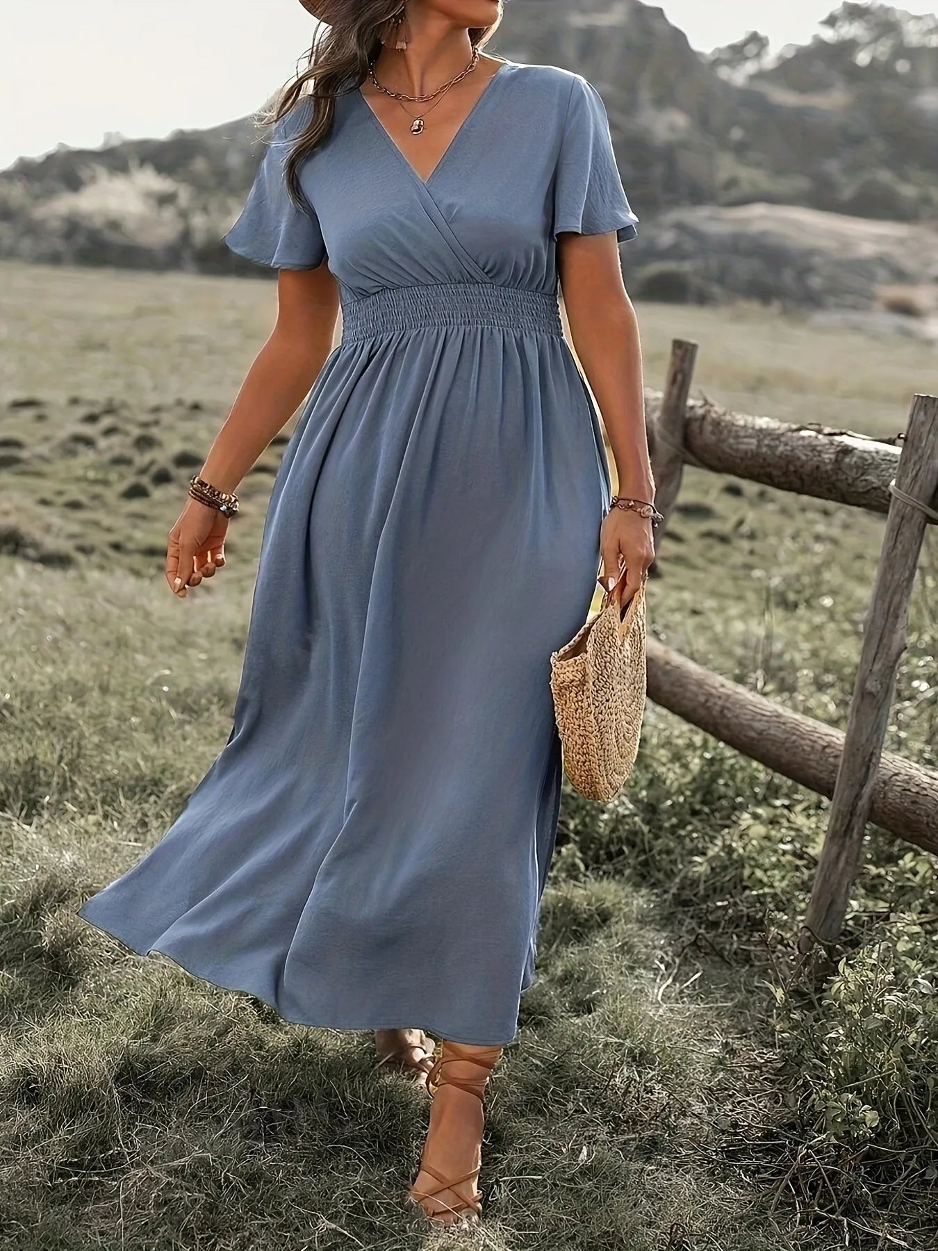 Surplice Short Sleeve Maxi Dress
