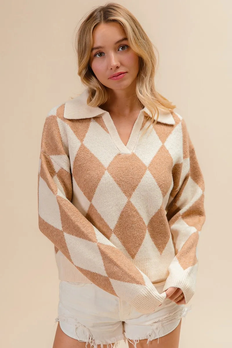 Argyle Collared Notch Neck Sweater