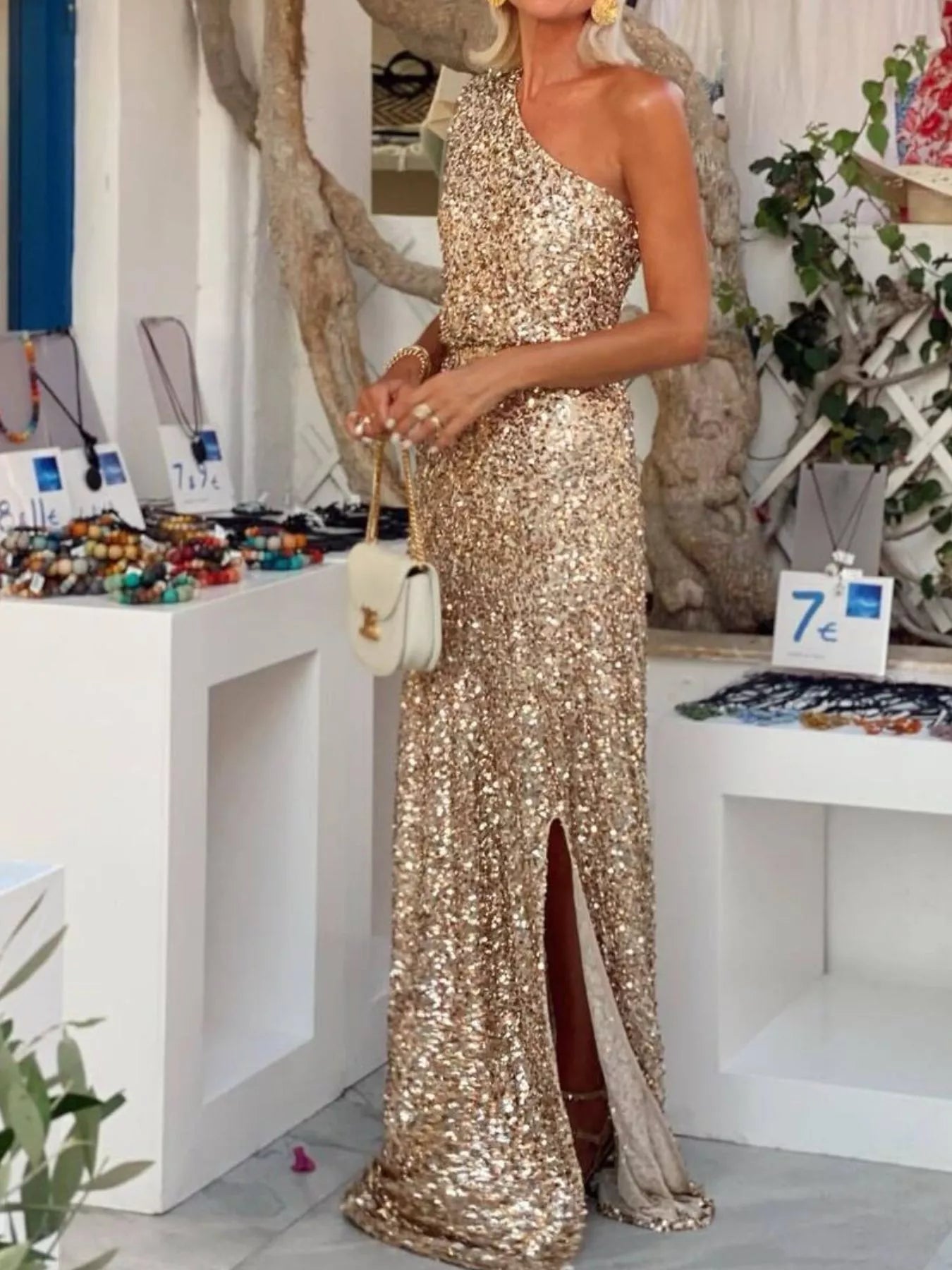 Sequin One-Shoulder Maxi Dress