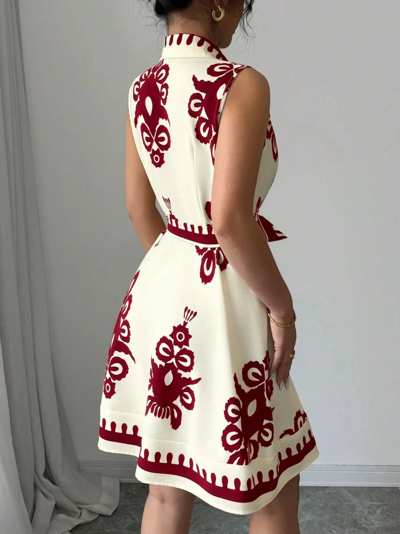 Sleeveless Printed Shirt Dress with Belt