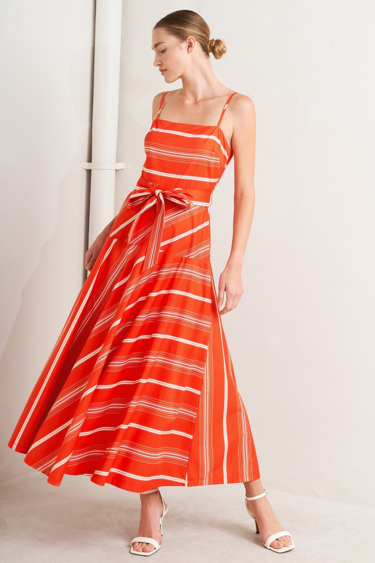 SWEET ESCAPE STRIPE WOVEN MIDI DRESS - Front View