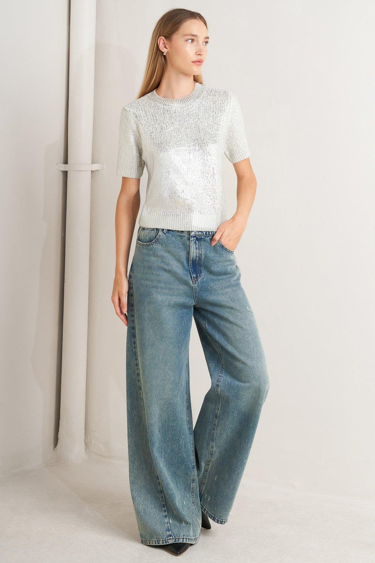 MOONLIT SHIMMER SHORT-SLEEVE SWEATER TOP