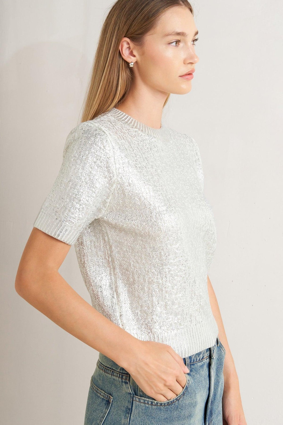MOONLIT SHIMMER SHORT-SLEEVE SWEATER TOP