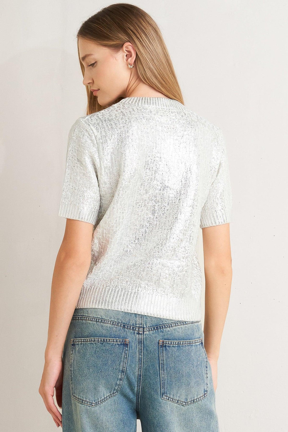 MOONLIT SHIMMER SHORT-SLEEVE SWEATER TOP