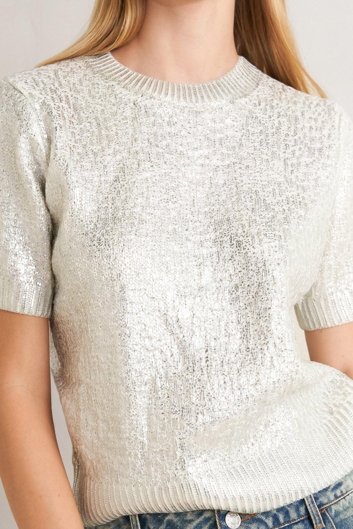 MOONLIT SHIMMER SHORT-SLEEVE SWEATER TOP