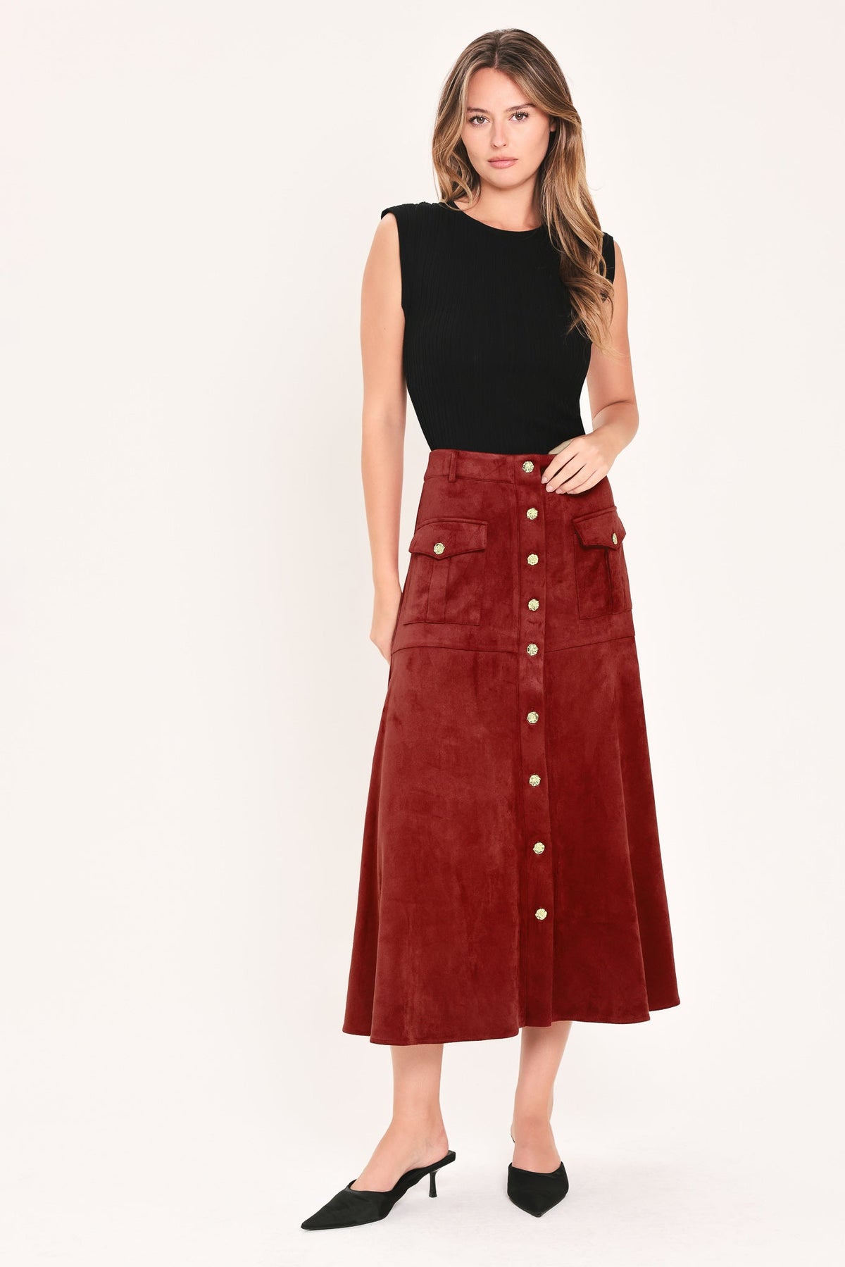 RUSTIC ROMANCE FAUX SUEDE BUTTON-FRONT MIDI SKIRT