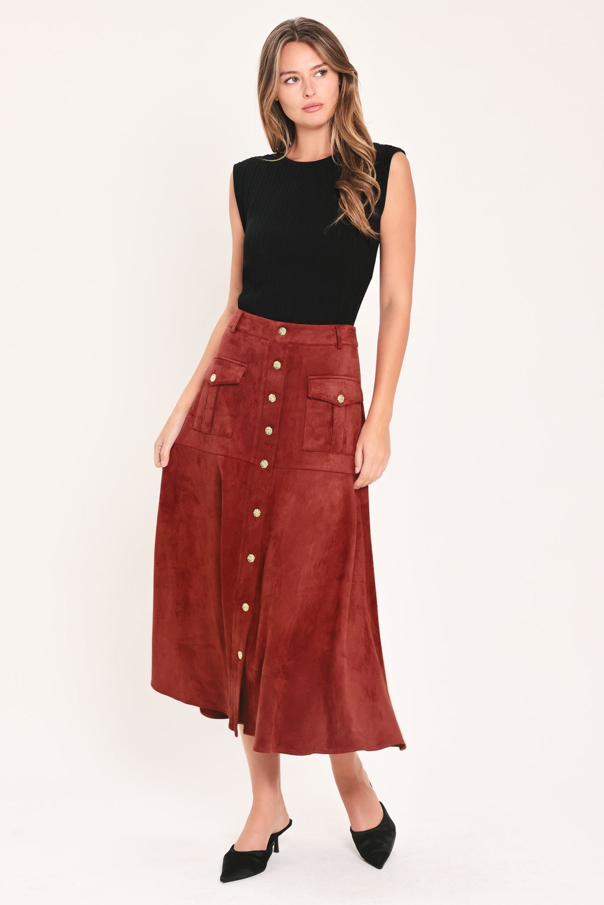 RUSTIC ROMANCE FAUX SUEDE BUTTON-FRONT MIDI SKIRT