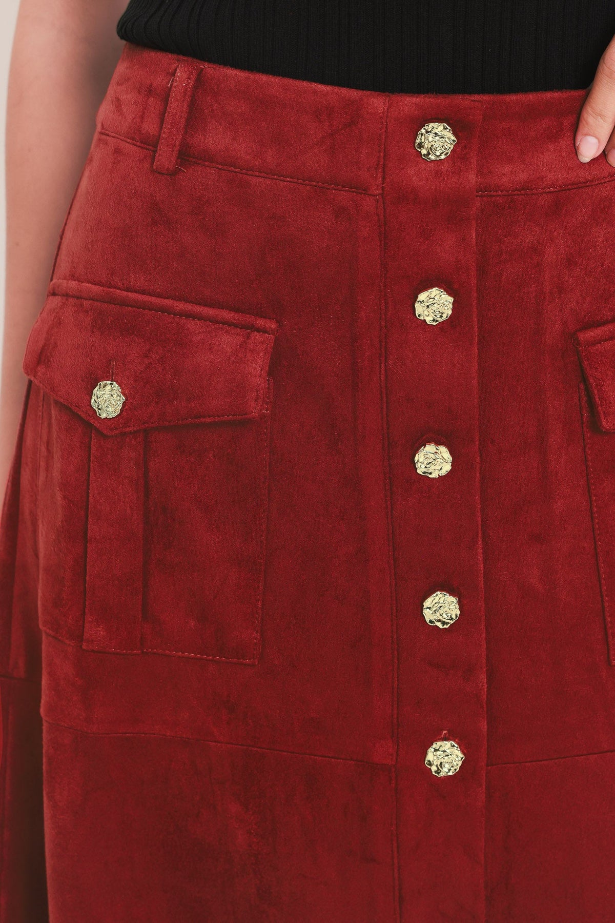 RUSTIC ROMANCE FAUX SUEDE BUTTON-FRONT MIDI SKIRT