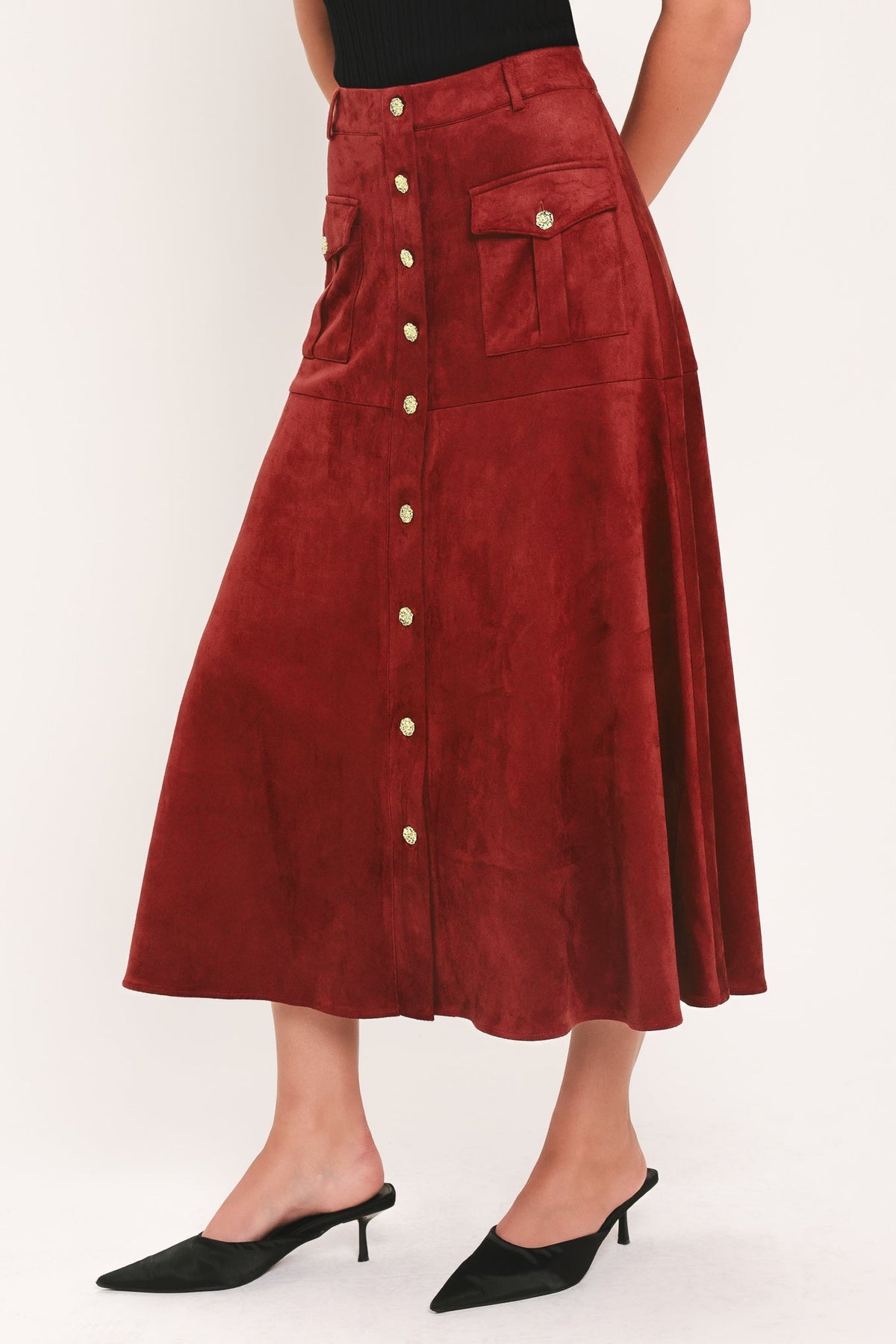 RUSTIC ROMANCE FAUX SUEDE BUTTON-FRONT MIDI SKIRT