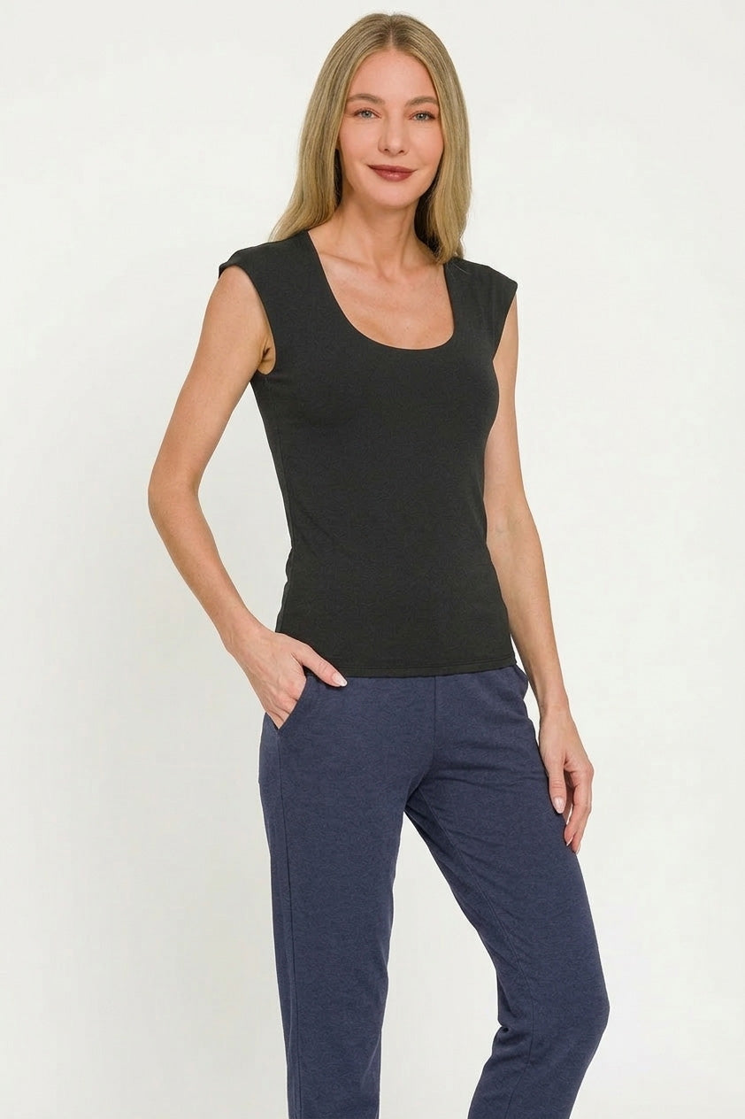 Seamless Double Layered Square Neck Tank Top - Black