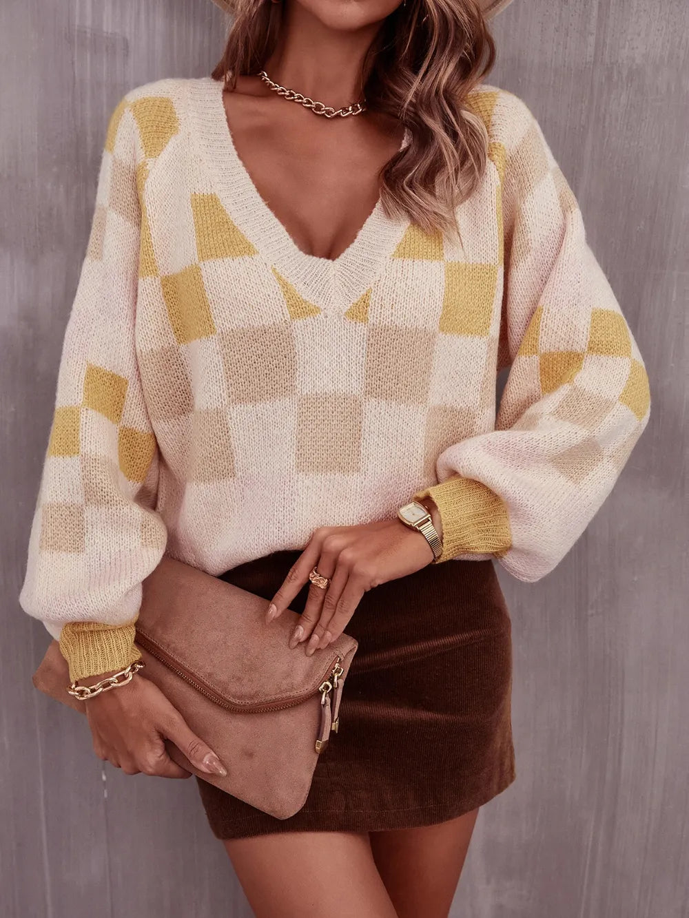 Checkered V-Neck Sweater