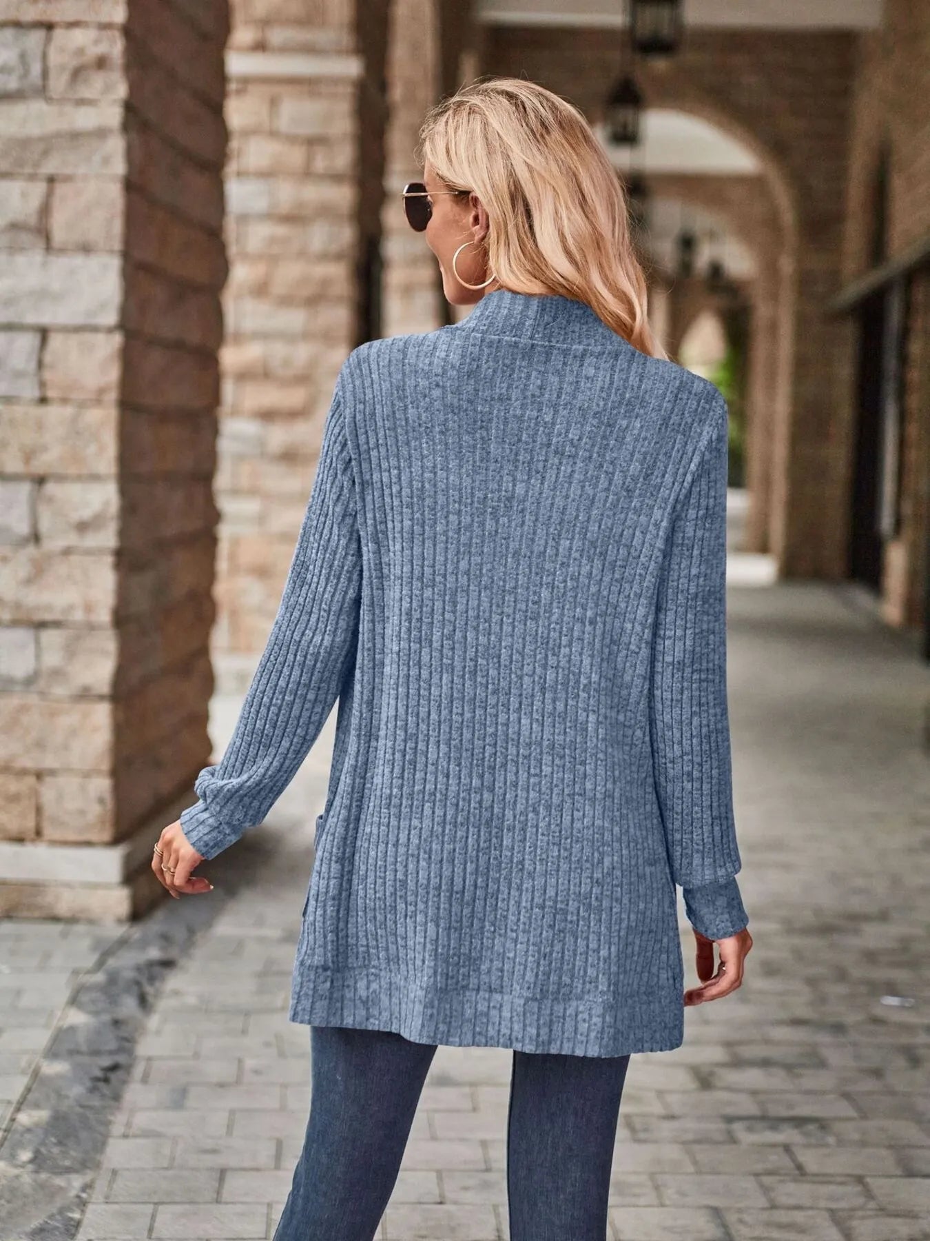 Ribbed Open Front Long Cardigan with Pockets