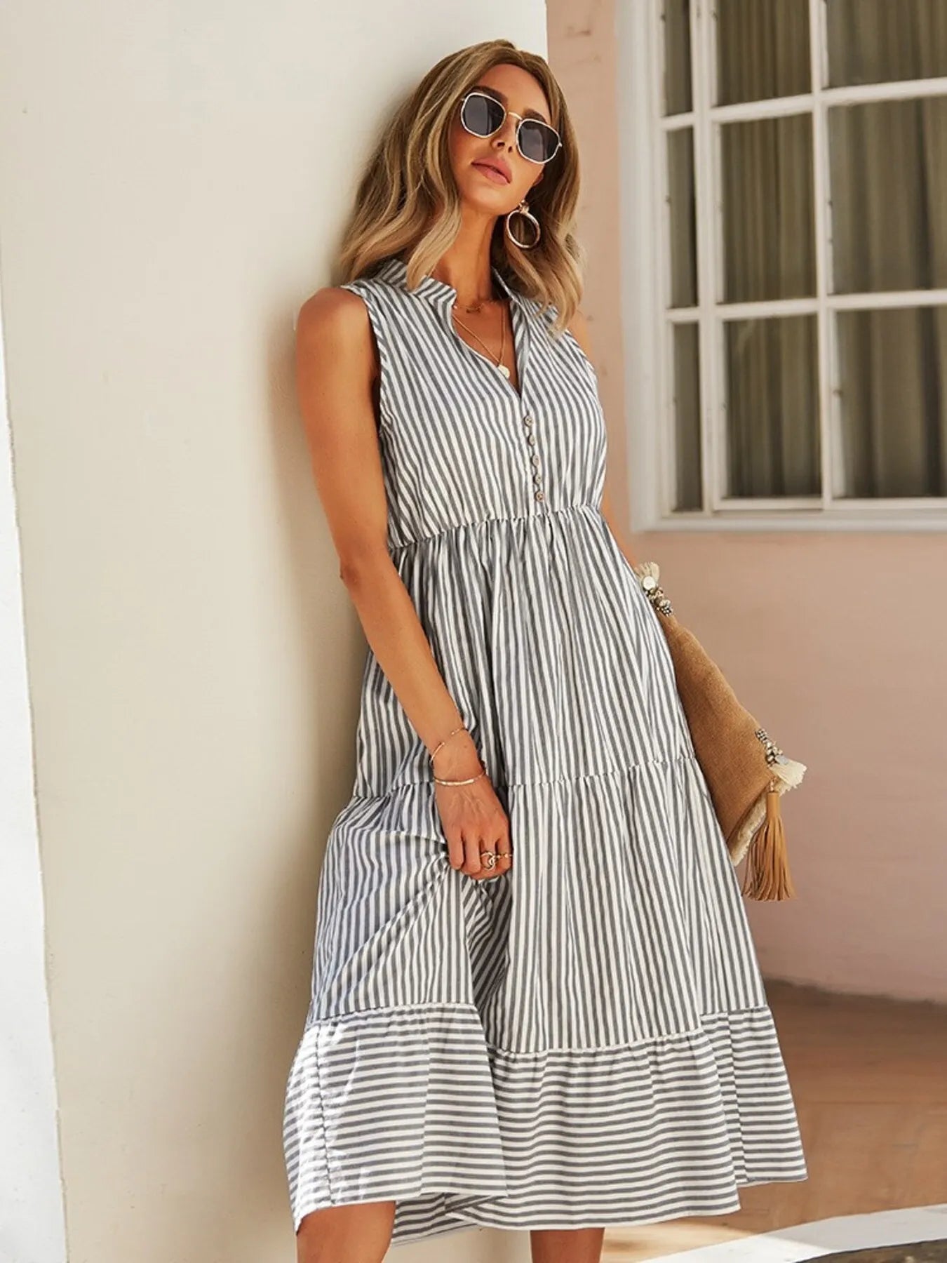 Coastal Striped Sleeveless Midi Dress