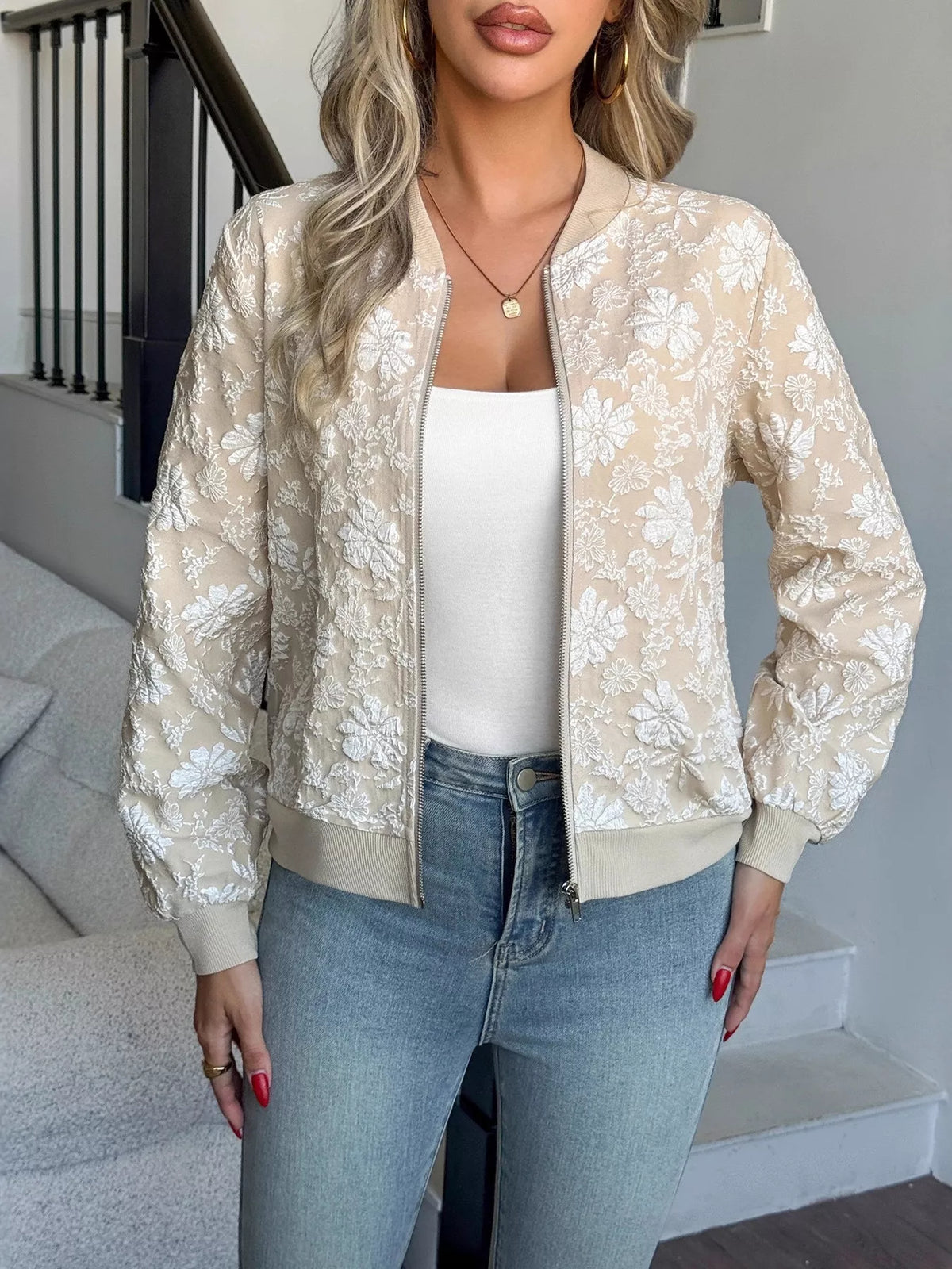 Jacquard Print Bomber Jacket - Front View