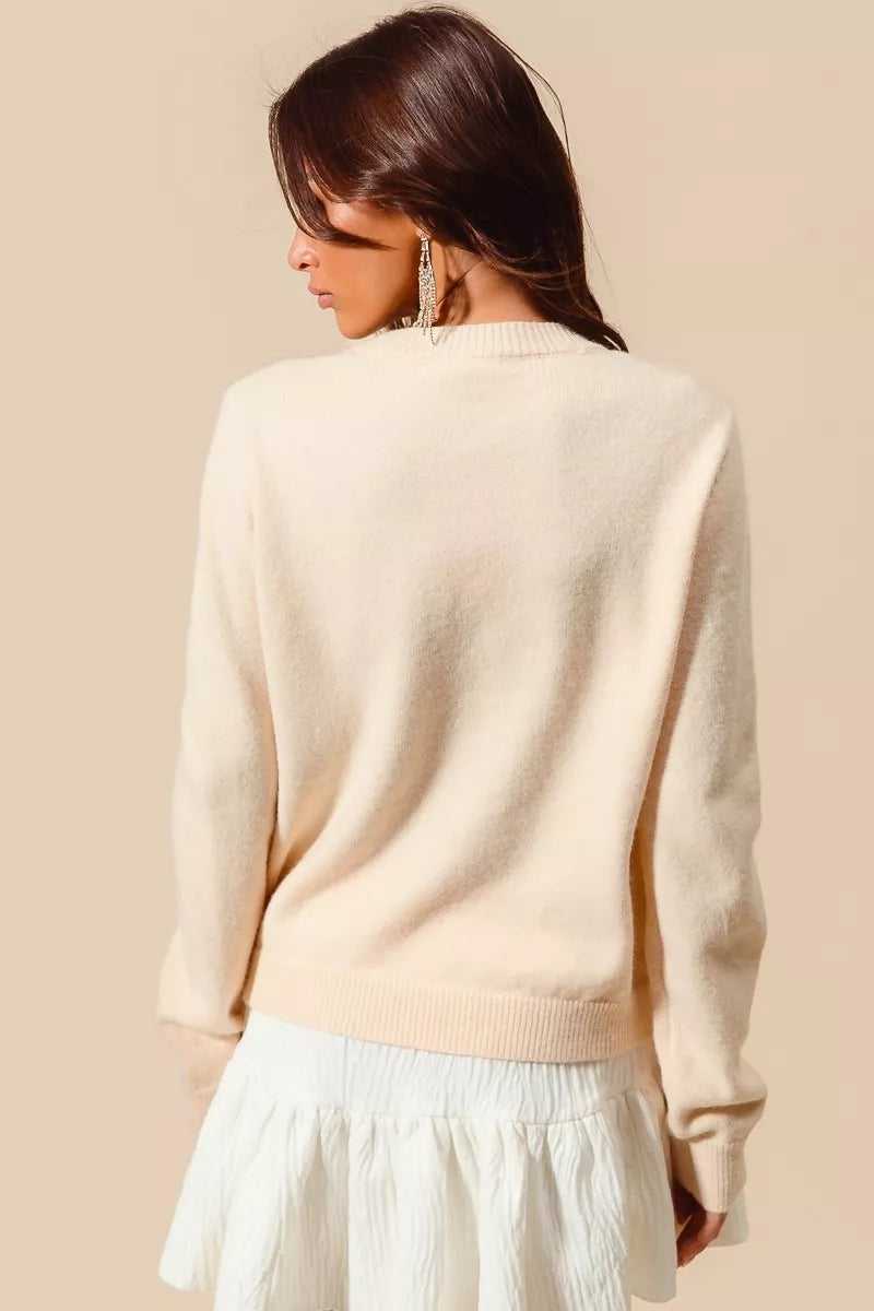 Sequined Bow Embellished Sweater - Cream and Gold