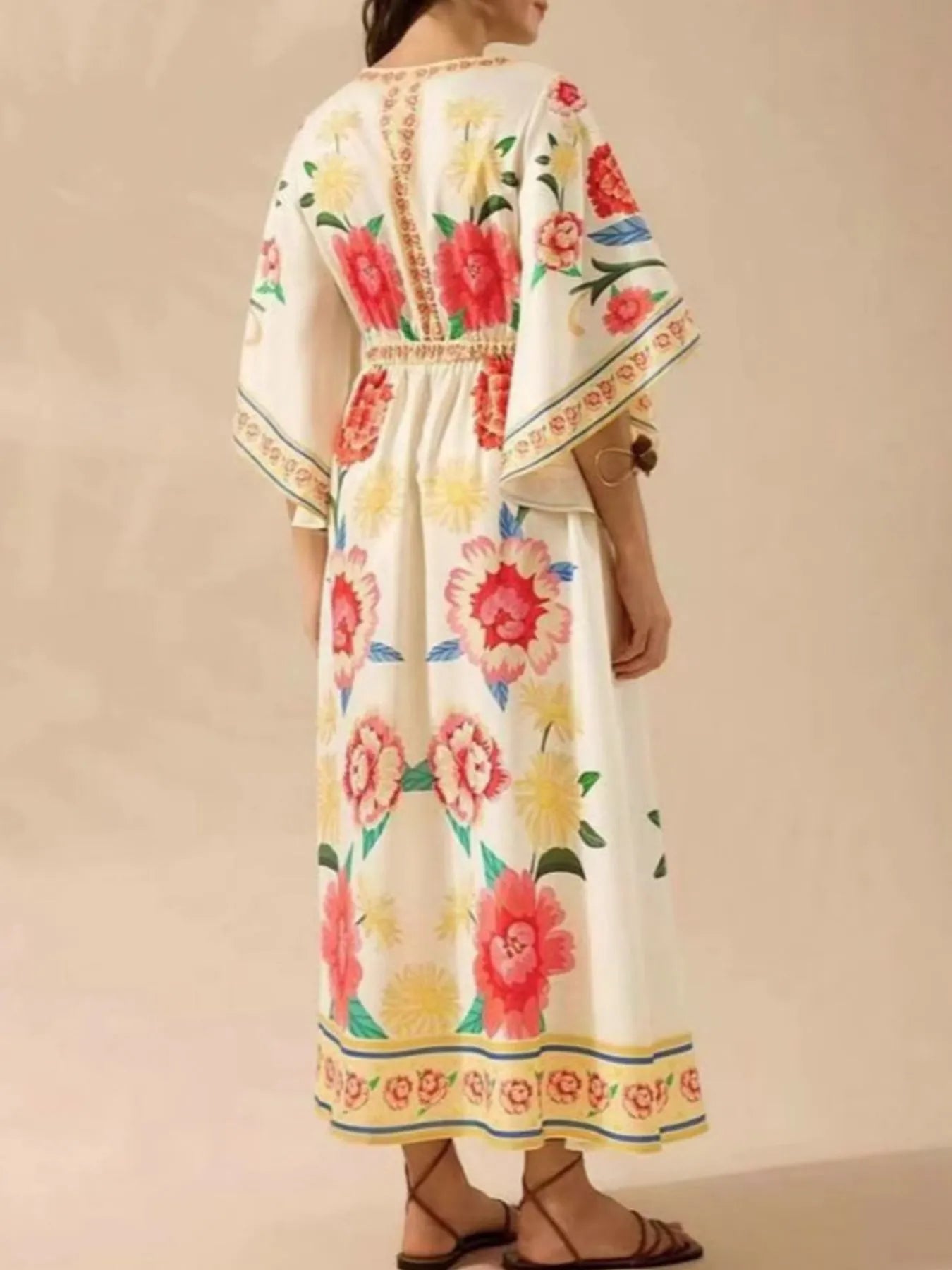 Silky Kimono Printed V-Neck Midi Dress