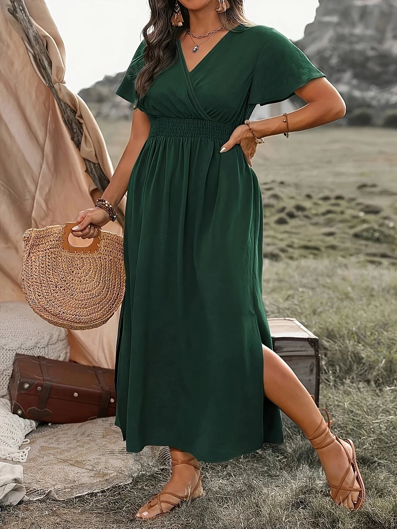 Surplice Short Sleeve Maxi Dress