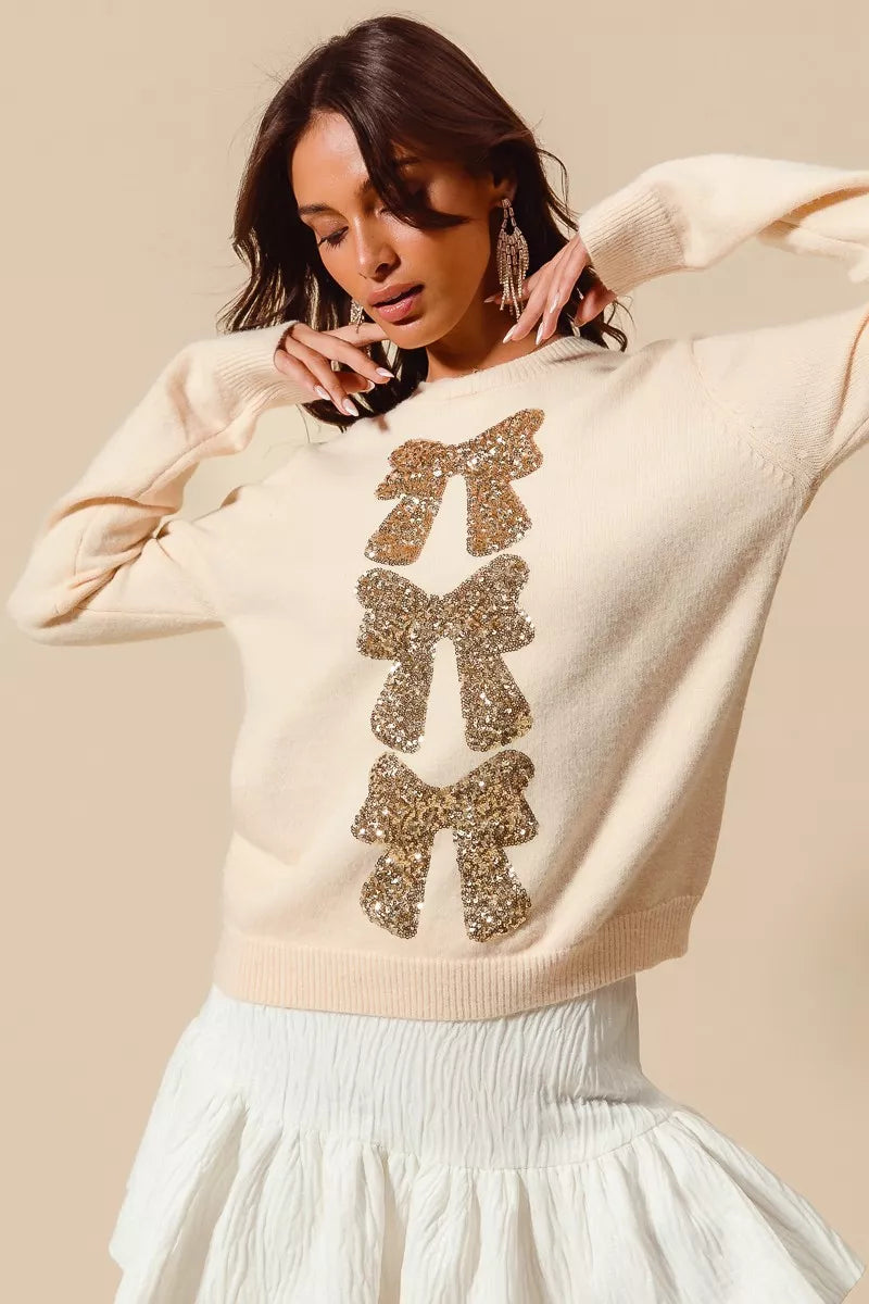 Sequined Bow Embellished Sweater - Cream and Gold
