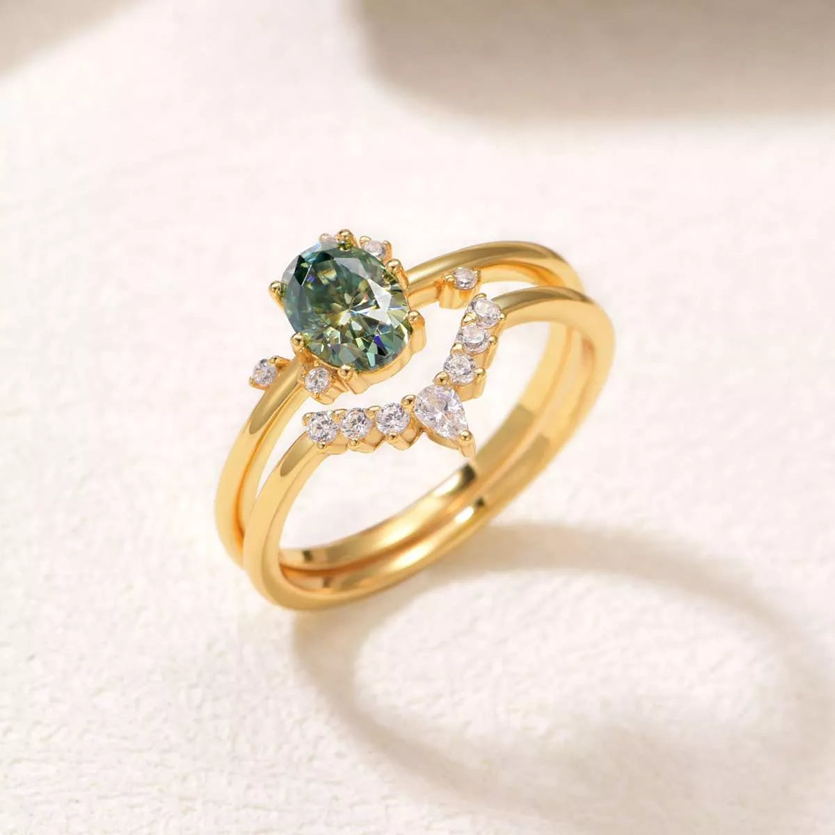 Green Moissanite 18k Gold-Plated Silver Stacked Ring