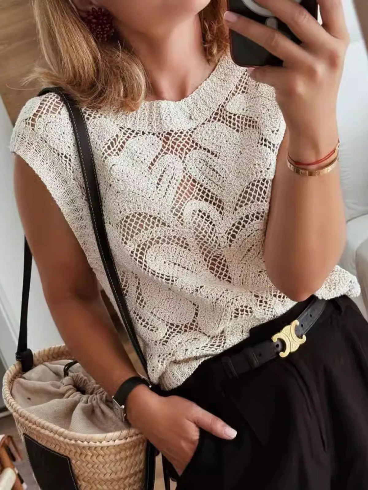 Women's Lace and Layered Sweater Vest - Front View