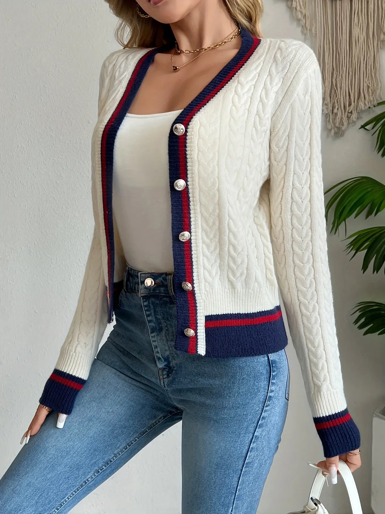Cable Knit Cardigan with Contrast Trim