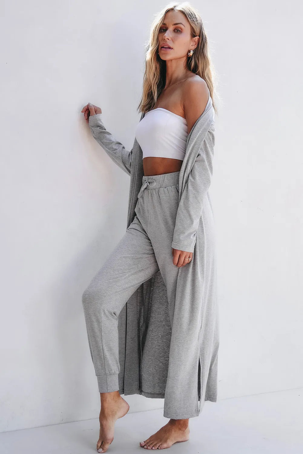 Open Front Cardigan and Pants Lounge Set