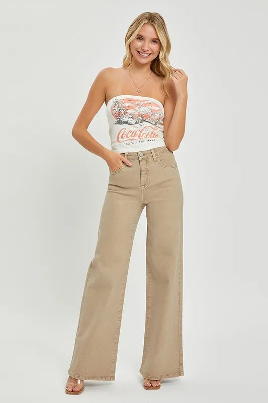 Khaki Wide Leg Jeans with Tummy Control