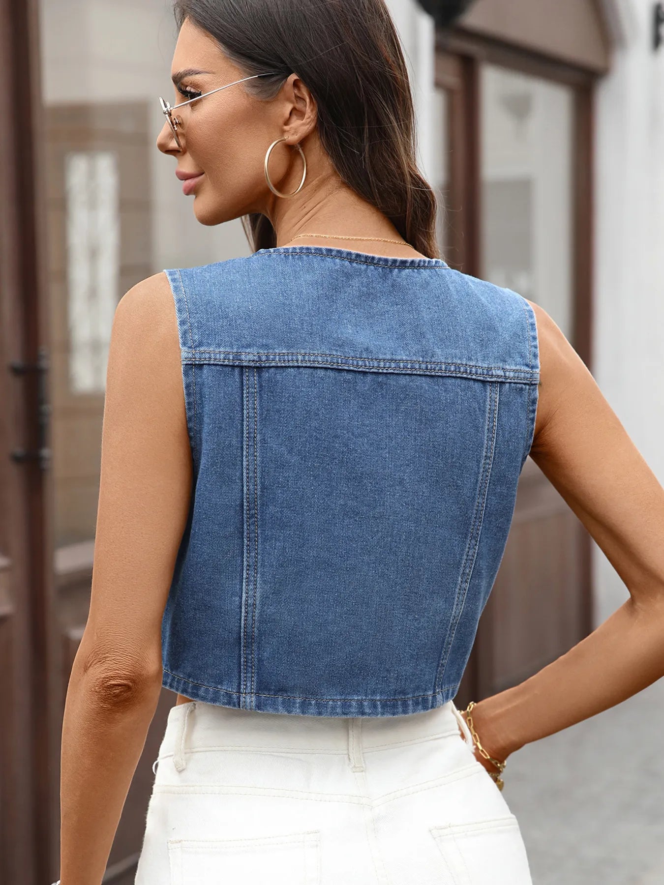 Button Up Sleeveless Denim Vest Top