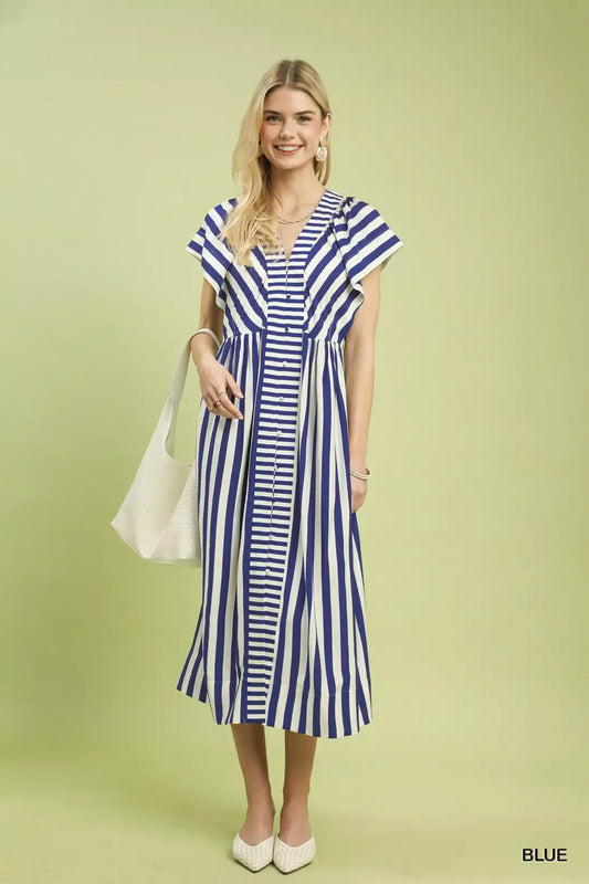 Striped Button-Front Midi Dress - Front View