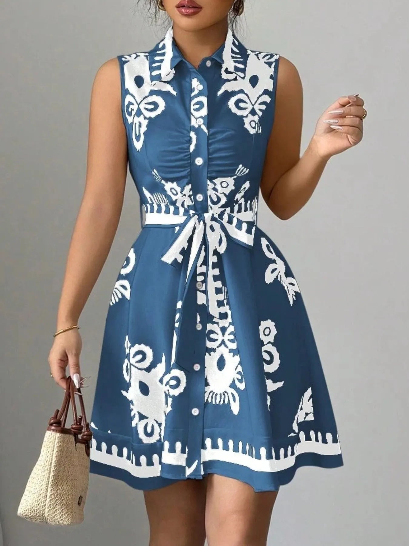 Sleeveless Printed Shirt Dress with Belt